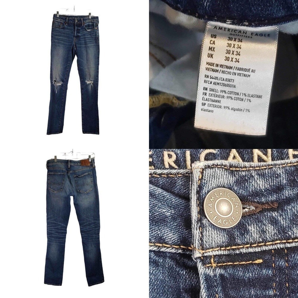 American Eagle Flex Men’s Size 30x34 Blue Slim Fit Distressed Straight Leg Jeans